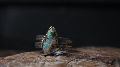 Australian Yowah opalised wood fossil ring in 9ct gold and textured sterling silver, size 9