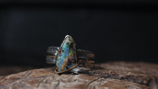 Australian Yowah opalised wood fossil ring in 9ct gold and textured sterling silver, size 9