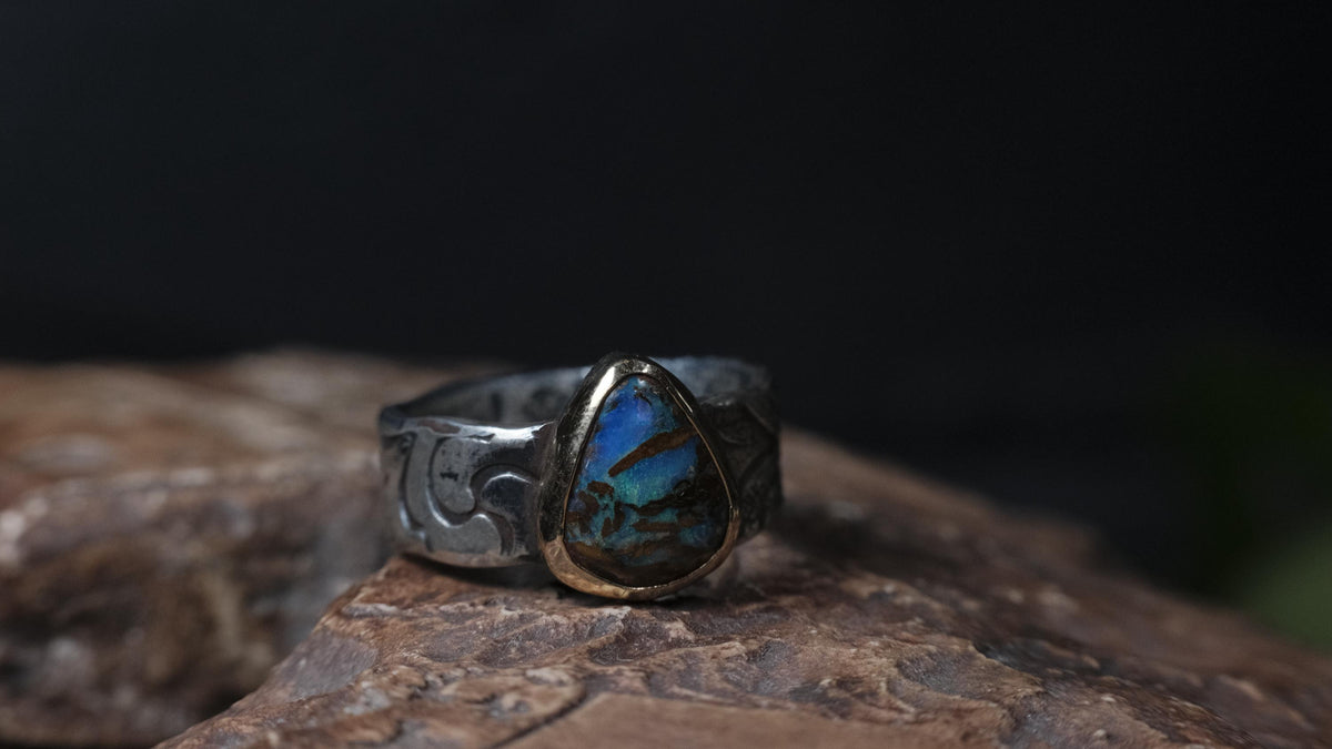 Australian opalised wood fossil ring in 9ct yellow gold and textured sterling silver, size 9