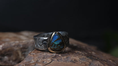 Australian opalised wood fossil ring in 9ct yellow gold and textured sterling silver, size 9