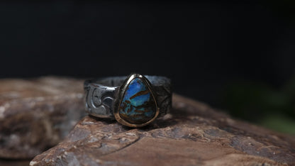 Australian opalised wood fossil ring in 9ct yellow gold and textured sterling silver, size 9