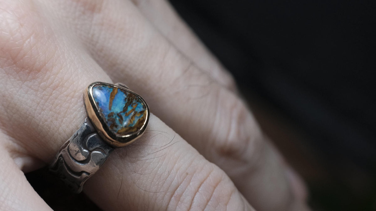 Australian opalised wood fossil ring in 9ct yellow gold and textured sterling silver, size 9