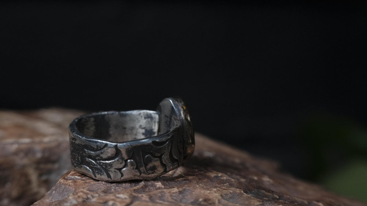 Australian opalised wood fossil ring in 9ct yellow gold and textured sterling silver, size 9