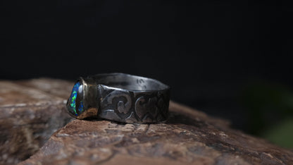 Electric blue and green Yowah boulder opal ring in 9ct gold and textured sterling silver, size 9