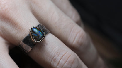 Electric blue and green Yowah boulder opal ring in 9ct gold and textured sterling silver, size 9