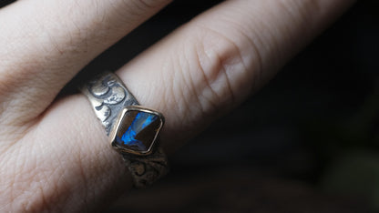 Electric blue and green Yowah boulder opal ring in 9ct gold and textured sterling silver, size 10.5