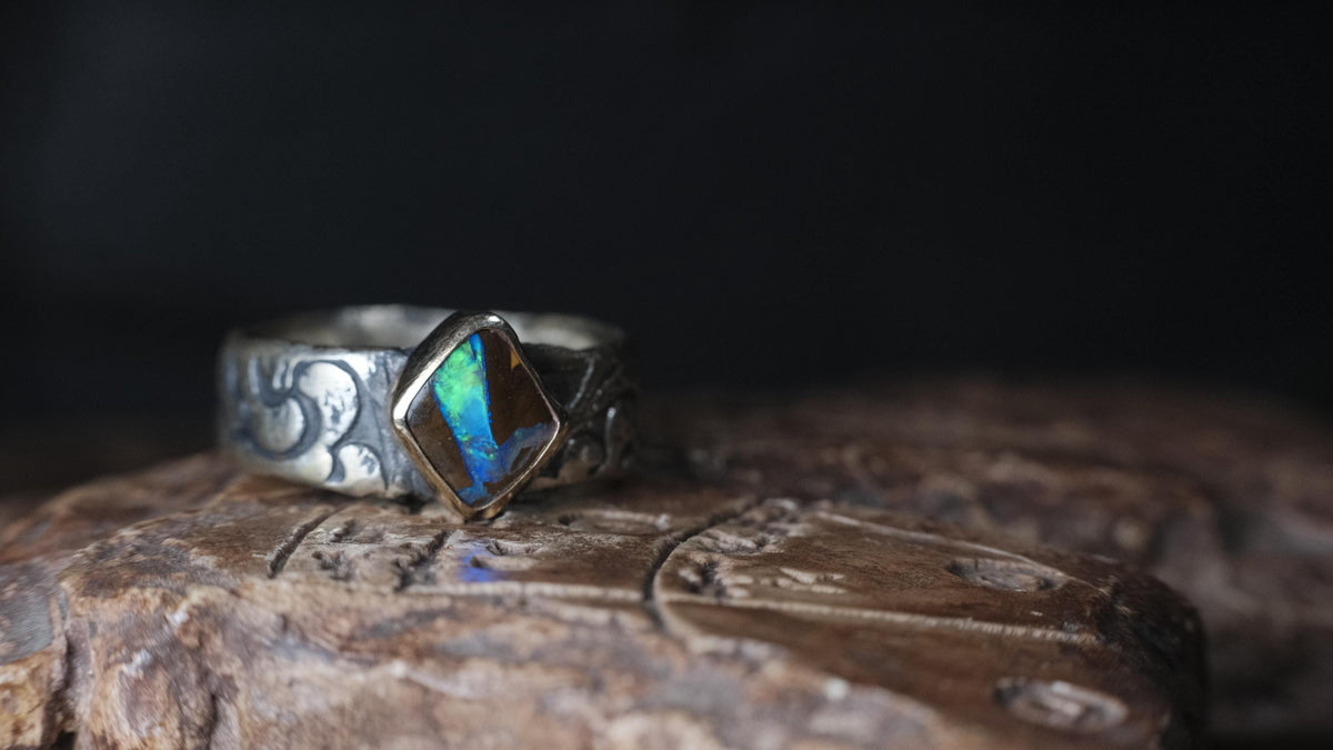 Electric blue and green Yowah boulder opal ring in 9ct gold and textured sterling silver, size 10.5