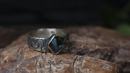 Electric blue and green Yowah boulder opal ring in 9ct gold and textured sterling silver, size 10.5