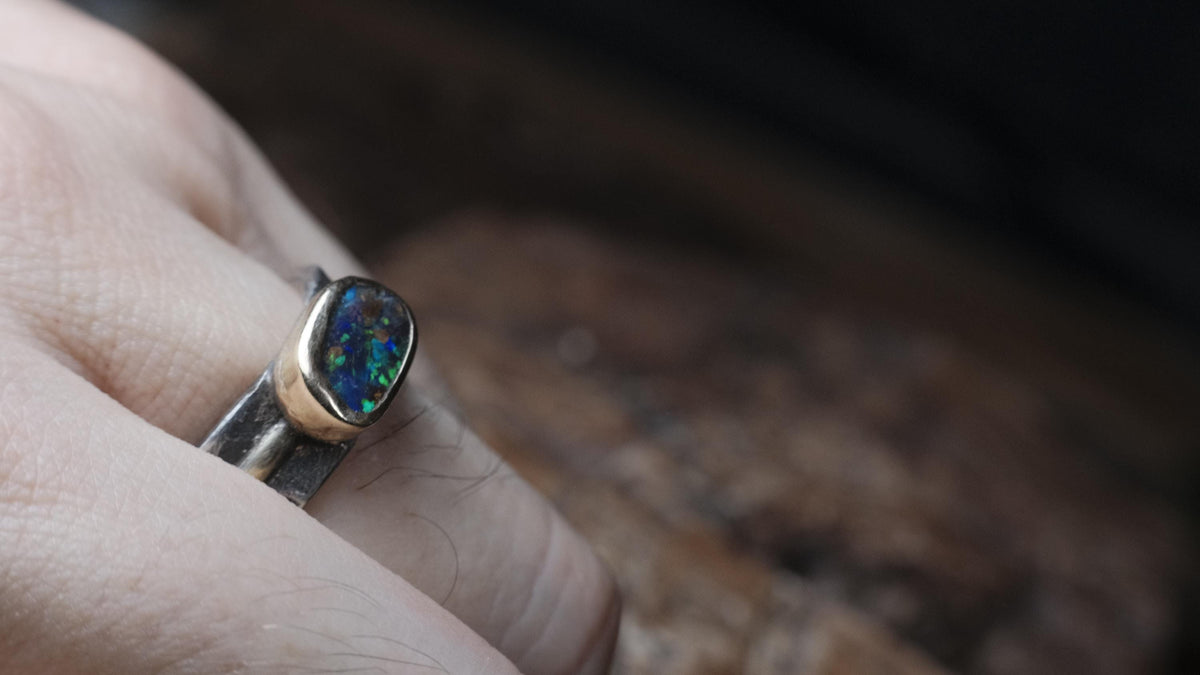 Australian boulder opal gold and silver statement ring by The Silver Mill