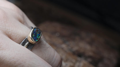 Australian boulder opal gold and silver statement ring by The Silver Mill