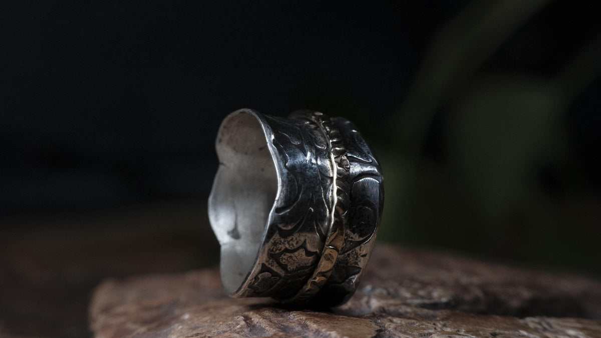 Pirate Style Silver and 9ct Yellow Gold Spinner Ring Band US Size 9.5