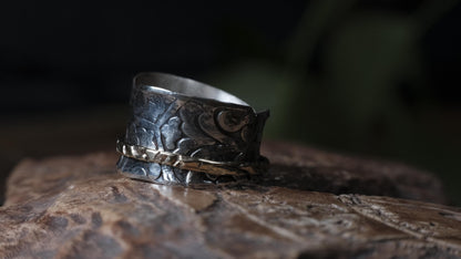 Pirate Style Silver and 9ct Yellow Gold Spinner Ring Band US Size 9.5
