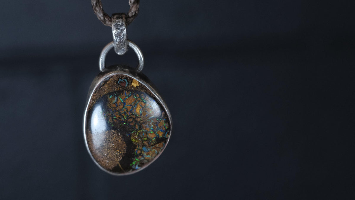 Australian Yowah boulder opal pendant with blue and green flashes