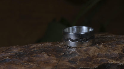 The Ridge wide sterling silver ring with mountain-inspired textured oxidised centre