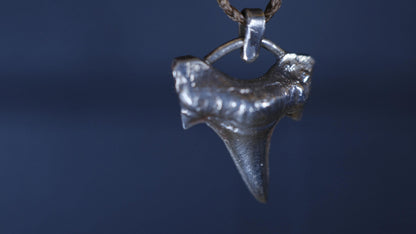 Sterling silver shark tooth talisman cast from a genuine fossil tooth on adjustable cord