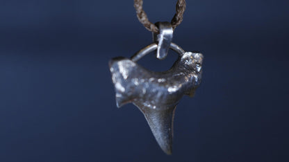 Sterling silver shark tooth talisman cast from a genuine fossil tooth on adjustable cord