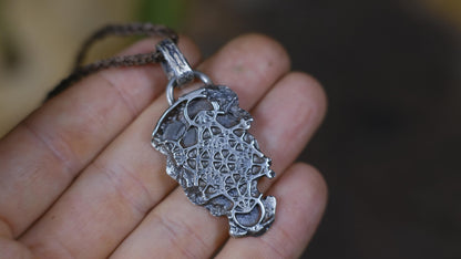 Handmade sterling silver Metatron's Cube talisman with oxidised sacred geometry design