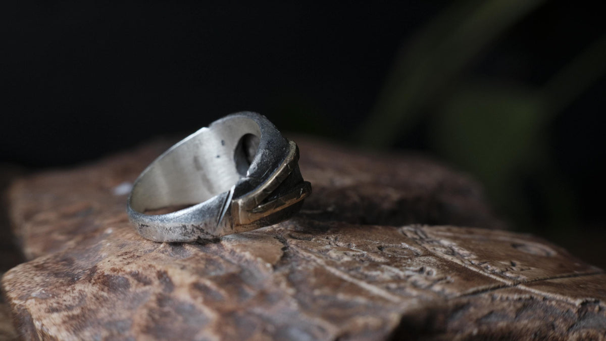 Pirate inspired Spanish half real coin ring in sterling silver and 10ct gold