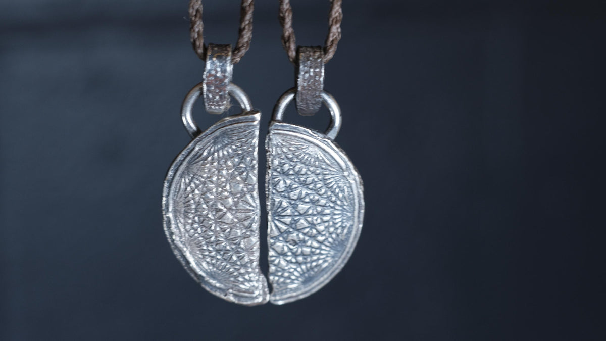 Pair of Temple Relic Amulets ~ Rustic Textured Silver Sacred Geometry Pendants