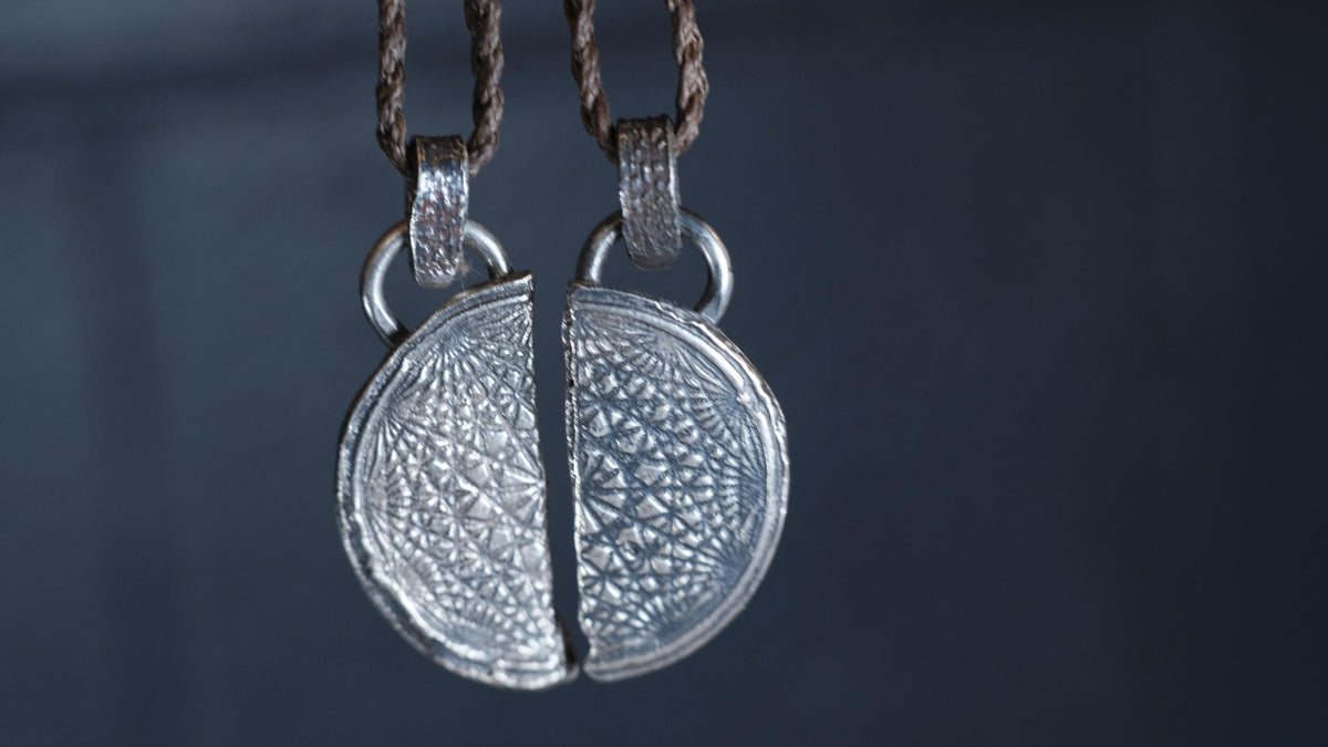 Pair of Temple Relic Amulets ~ Rustic Textured Silver Sacred Geometry Pendants
