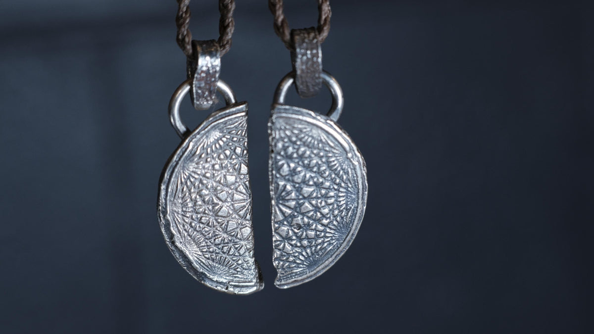 Pair of Temple Relic Amulets ~ Rustic Textured Silver Sacred Geometry Pendants