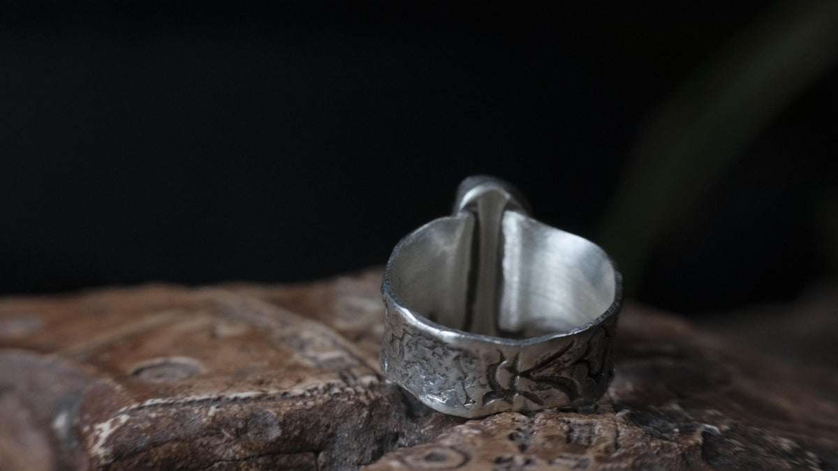 Blue Australian boulder opal ring in pirate-inspired textured sterling silver, size 7