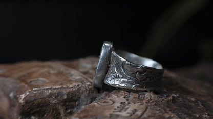 Blue Australian boulder opal ring in pirate-inspired textured sterling silver, size 7