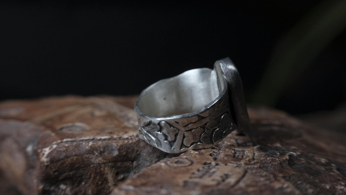 Blue Australian boulder opal ring in pirate-inspired textured sterling silver, size 7