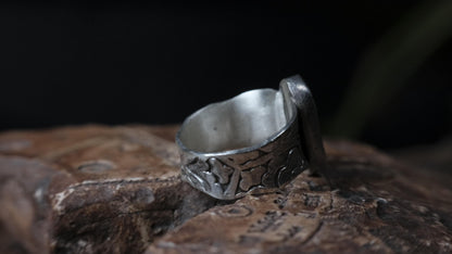 Blue Australian boulder opal ring in pirate-inspired textured sterling silver, size 7