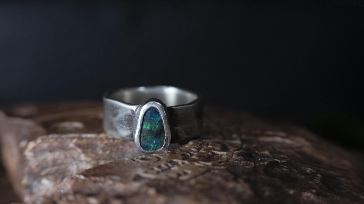 Handcrafted Sterling SIlver Ring with Australian Boulder Opal US Size 7.5
