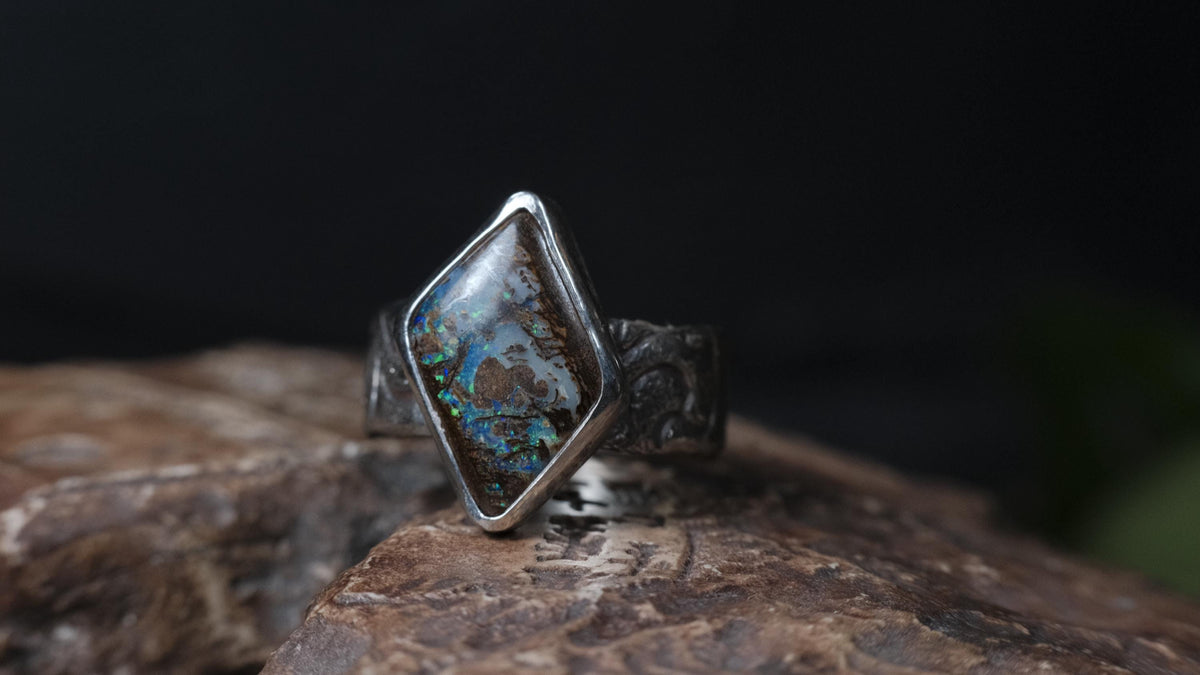 Wood Fossil Opal Ring In A Pirate Style Band US Size 10.5