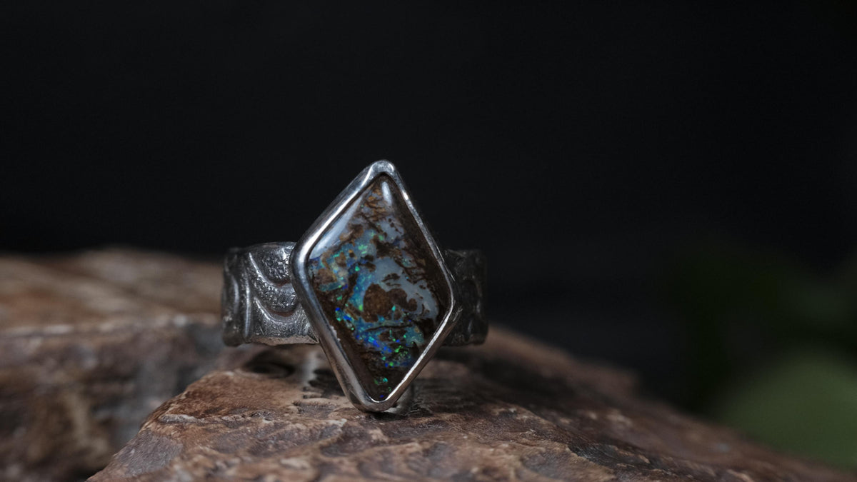 Wood Fossil Opal Ring In A Pirate Style Band US Size 10.5