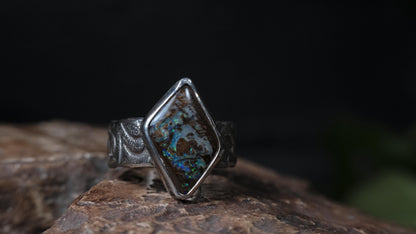 Wood Fossil Opal Ring In A Pirate Style Band US Size 10.5