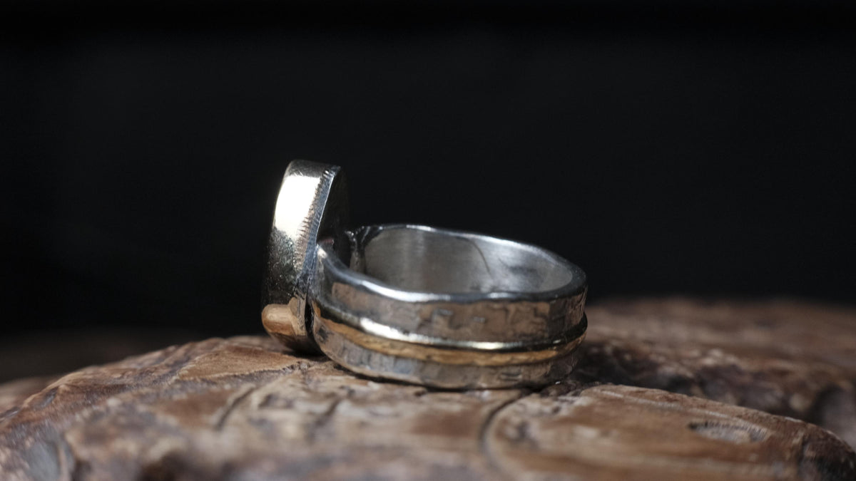 Australian Yowah opalised wood fossil ring in 9ct gold and textured sterling silver, size 9