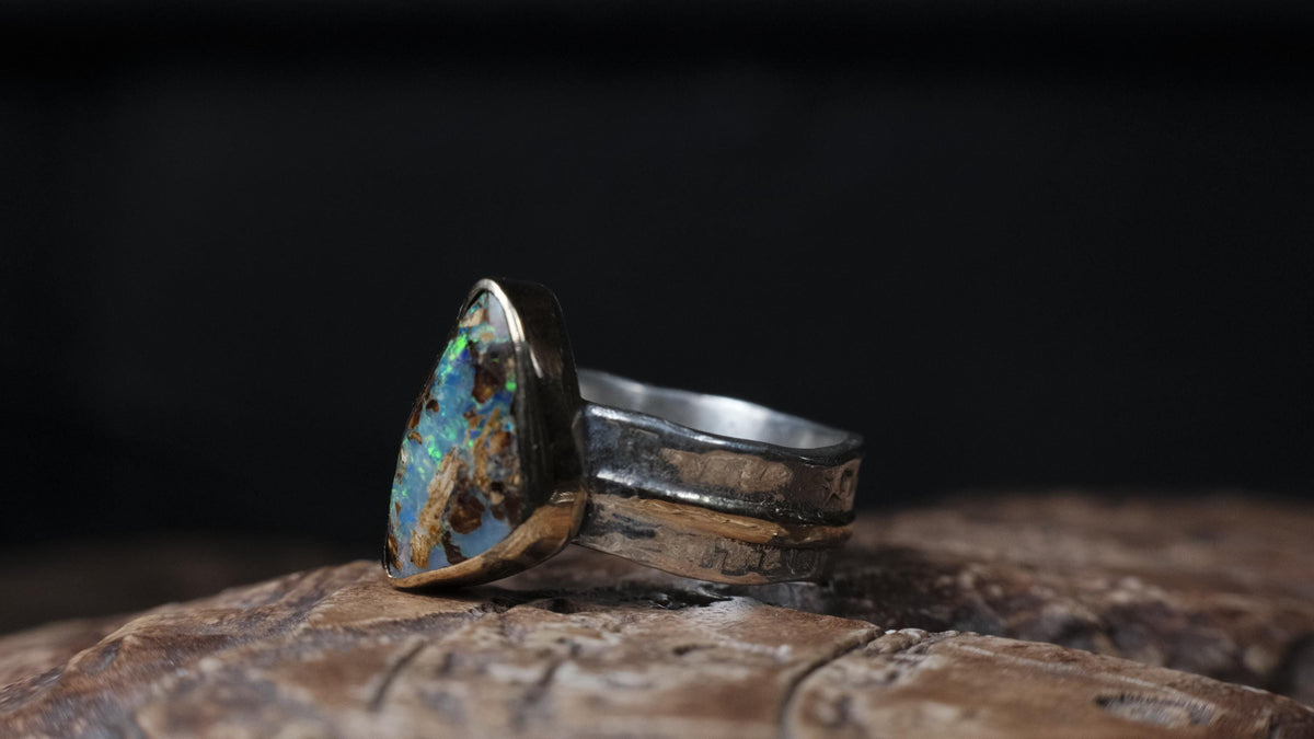 Australian Yowah opalised wood fossil ring in 9ct gold and textured sterling silver, size 9
