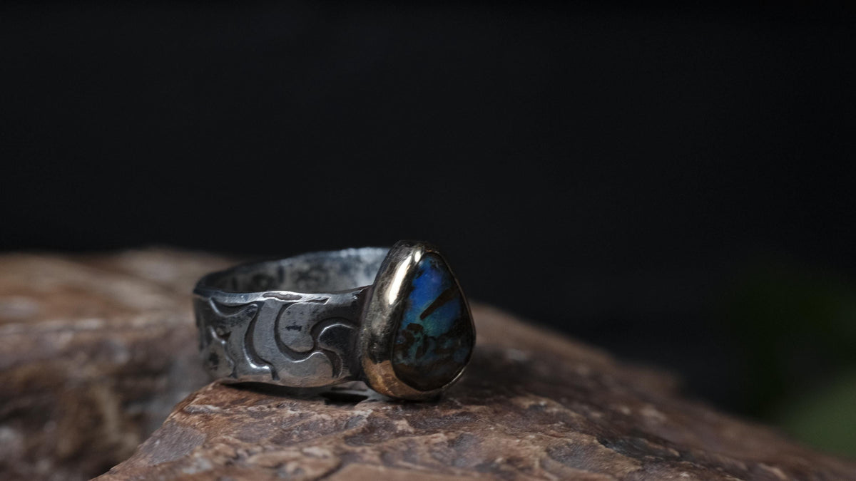 Australian opalised wood fossil ring in 9ct yellow gold and textured sterling silver, size 9