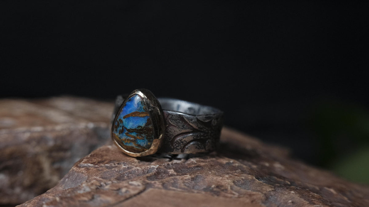 Australian opalised wood fossil ring in 9ct yellow gold and textured sterling silver, size 9