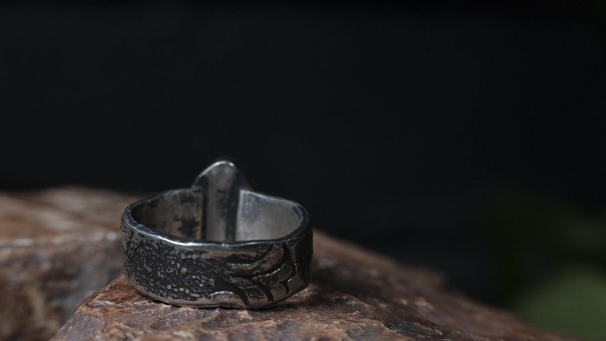 Australian opalised wood fossil ring in 9ct yellow gold and textured sterling silver, size 9