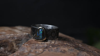 Electric blue and green Yowah boulder opal ring in 9ct gold and textured sterling silver, size 9