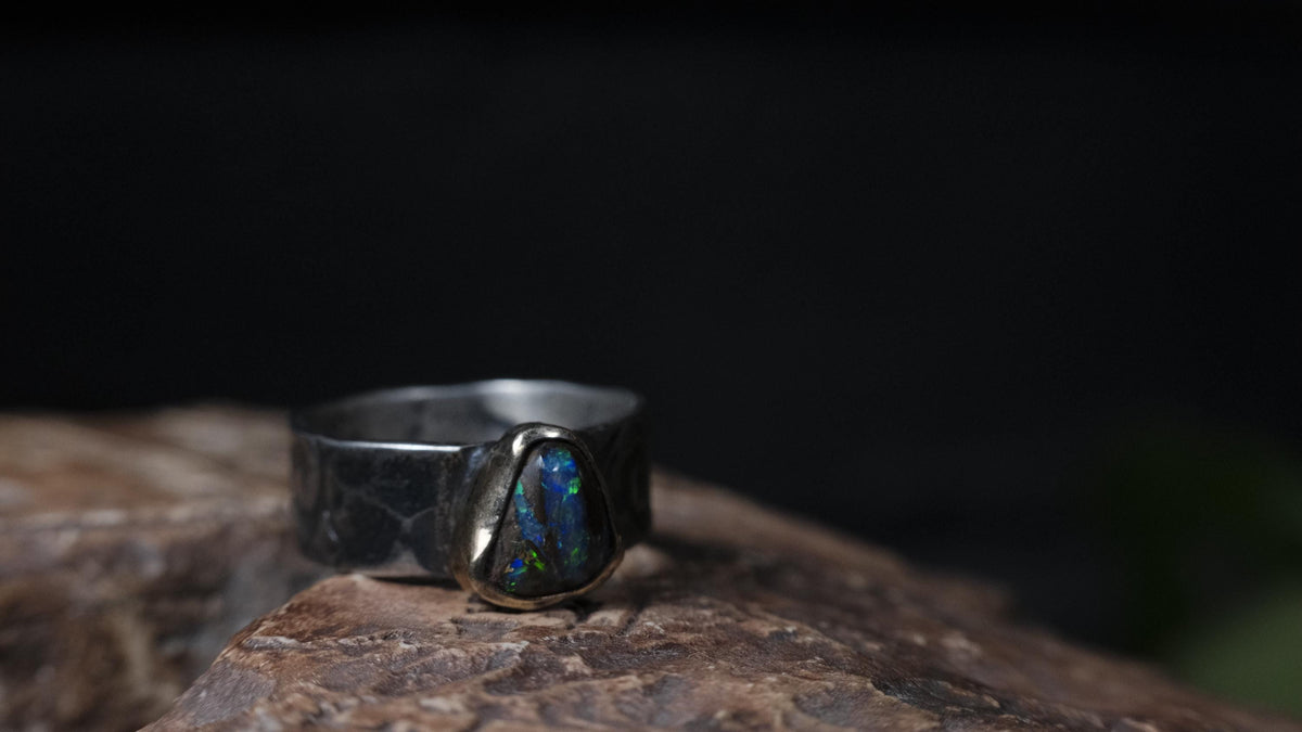 Electric blue and green Yowah boulder opal ring in 9ct gold and textured sterling silver, size 9