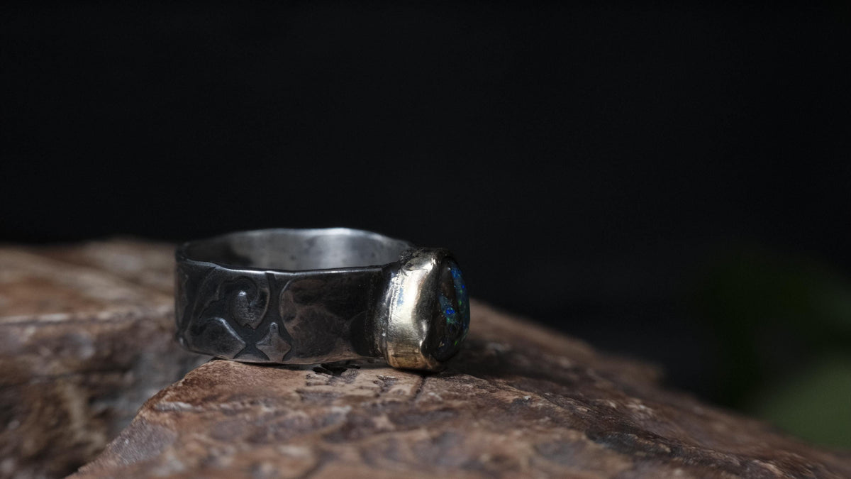 Electric blue and green Yowah boulder opal ring in 9ct gold and textured sterling silver, size 9