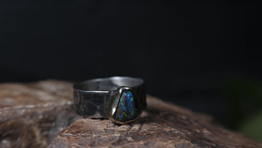 Electric blue and green Yowah boulder opal ring in 9ct gold and textured sterling silver, size 9