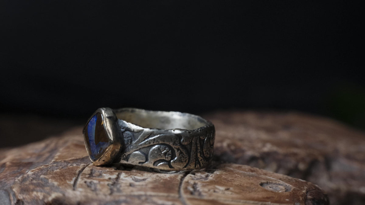 Electric blue and green Yowah boulder opal ring in 9ct gold and textured sterling silver, size 10.5