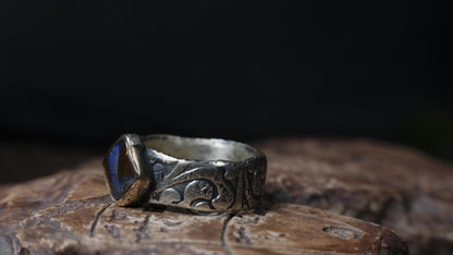 Electric blue and green Yowah boulder opal ring in 9ct gold and textured sterling silver, size 10.5