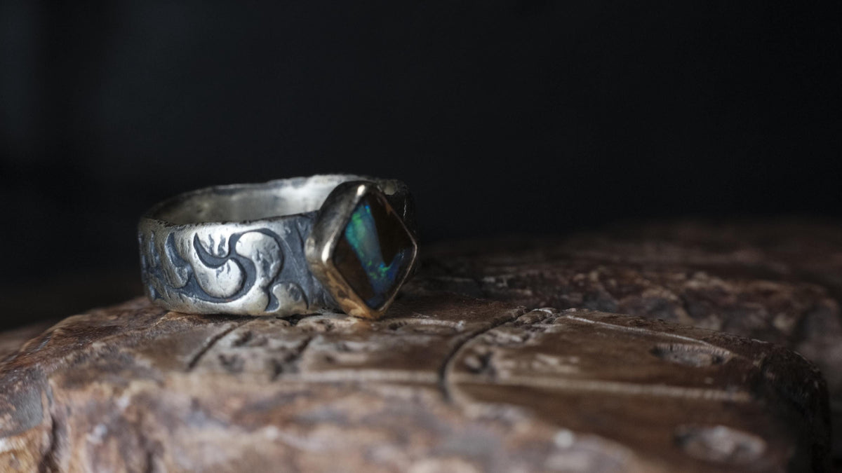 Electric blue and green Yowah boulder opal ring in 9ct gold and textured sterling silver, size 10.5
