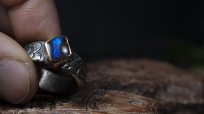 Electric blue and green Yowah boulder opal ring in 9ct gold and textured sterling silver, size 10.5