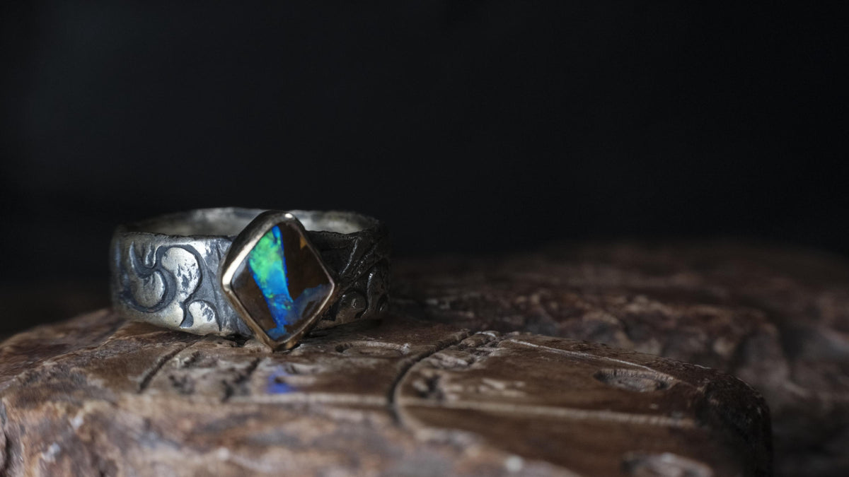 Electric blue and green Yowah boulder opal ring in 9ct gold and textured sterling silver, size 10.5