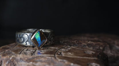 Electric blue and green Yowah boulder opal ring in 9ct gold and textured sterling silver, size 10.5