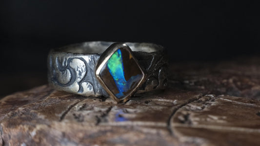 Electric blue and green Yowah boulder opal ring in 9ct gold and textured sterling silver, size 10.5