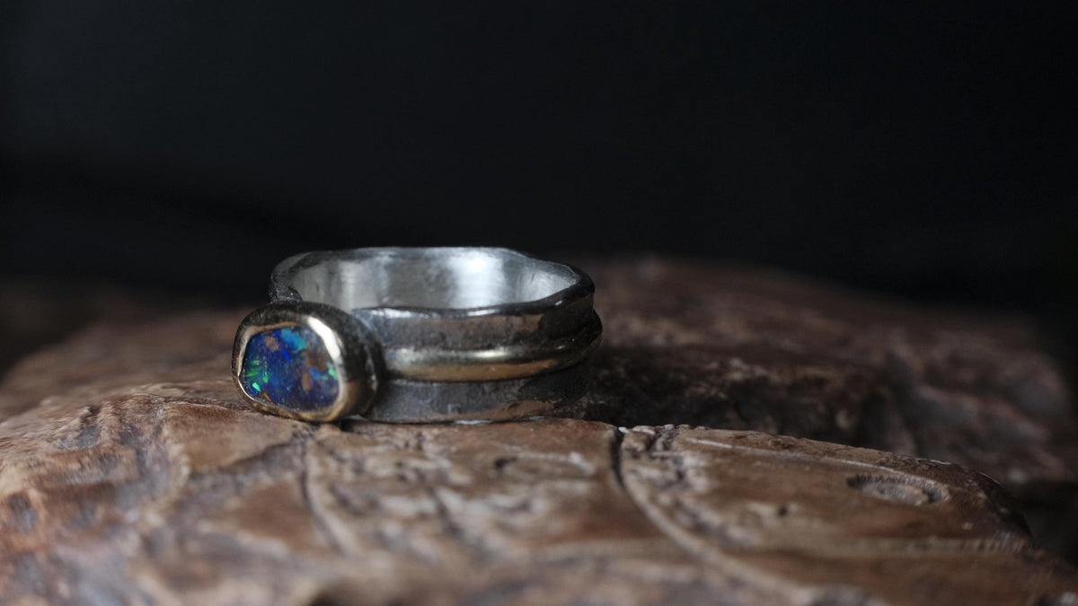 Textured sterling silver band with 9ct gold detail and boulder opal